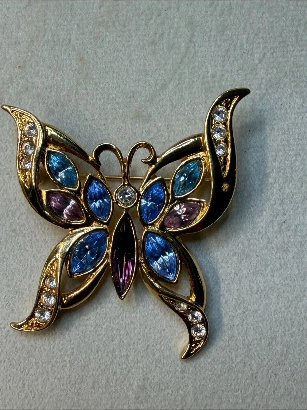 Gold-Tone Multicolor Butterfly Brooch - Blue Pink Accents